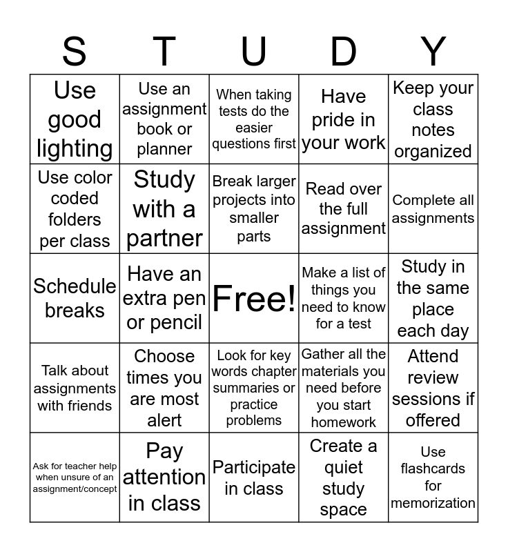 Study Strategies Bingo Card