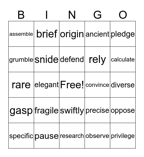 Vocabulary Bingo Card