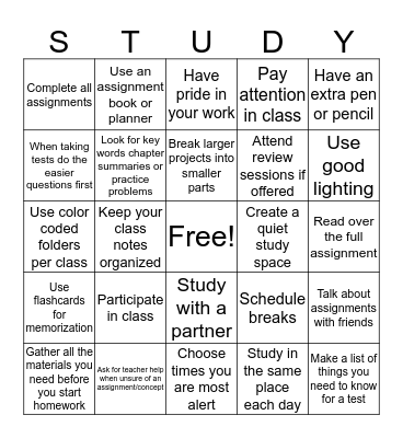 Study Strategies Bingo Card