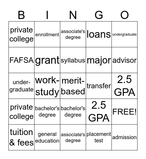 College Prep Session BINGO Card