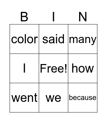 High Frequency List February Bingo Card