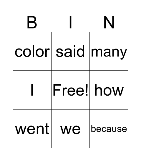 High Frequency List February Bingo Card