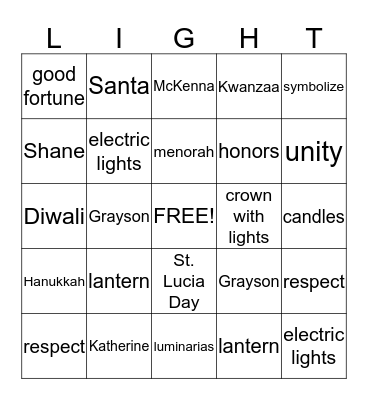 Celebrations of Light Bingo Card