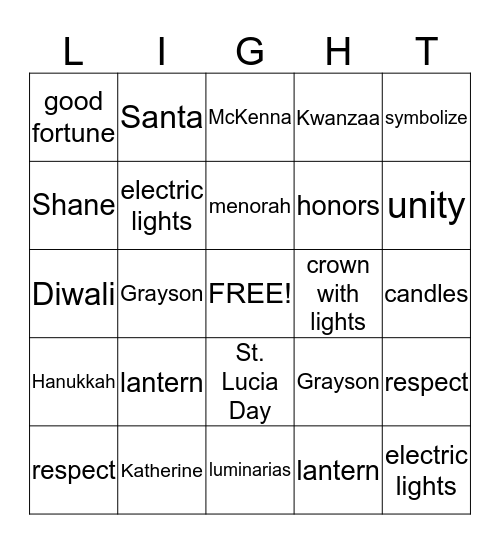 Celebrations of Light Bingo Card