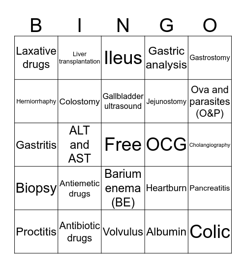 3.3 Gastroenterology Vocab Bingo Card