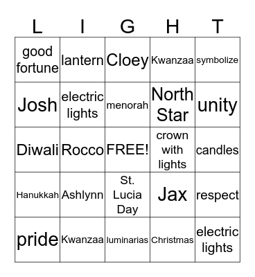 Celebrations of Light Bingo Card