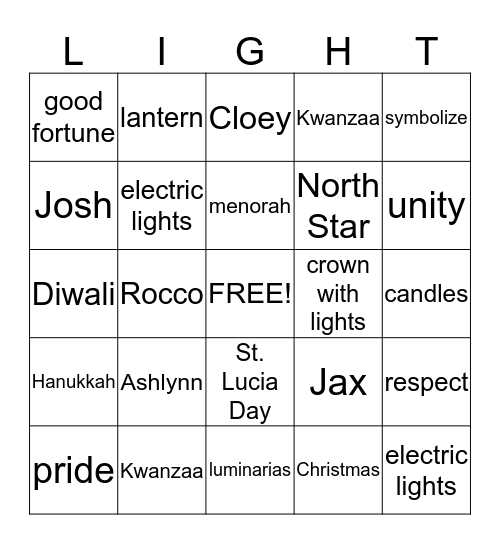 Celebrations of Light Bingo Card