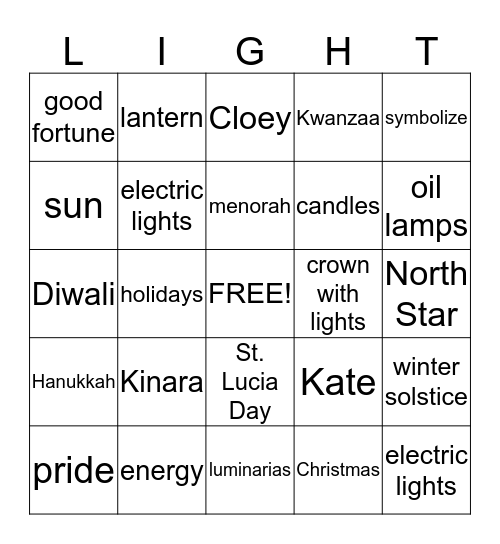 Celebrations of Light Bingo Card