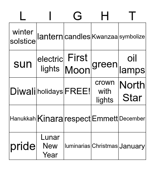 Celebrations of Light Bingo Card