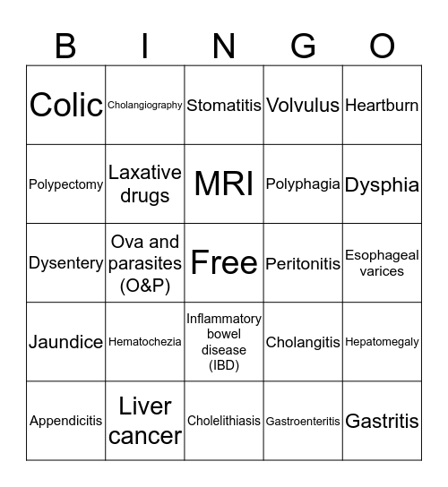 3.3 Gastroenterology Vocab Bingo Card