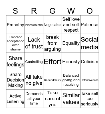 Relationship Bingo Card