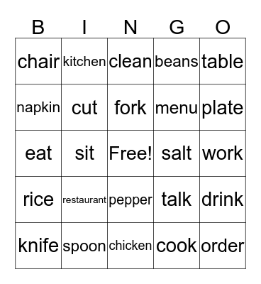 Restaurant Bingo Card