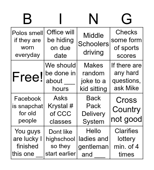 Parent Information Night Bingo Card
