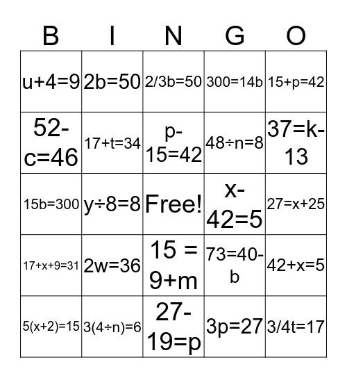Writing Algebraic Equations BINGO! Bingo Card