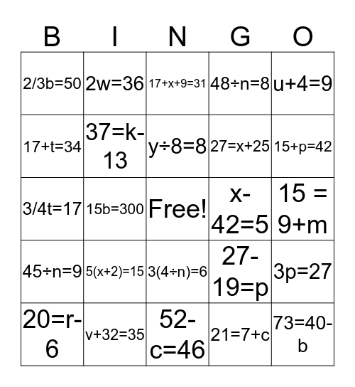 Writing Algebraic Equations BINGO! Bingo Card
