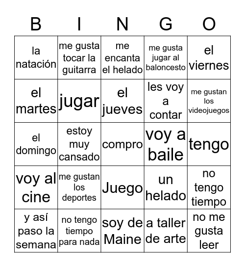 Aficiones- RockAlingua Bingo Card