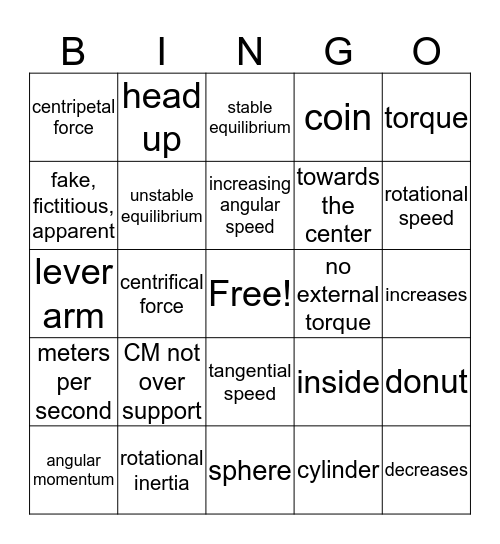 Physics Chapter 8:Rotation Bingo Card