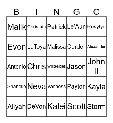 Whitesides Family Bingo Card