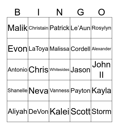 Whitesides Family Bingo Card