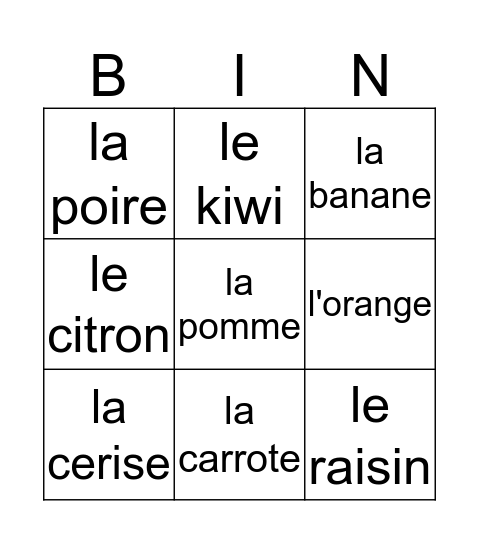 Les fruits at les legumes Bingo Card