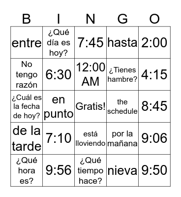 La hora Bingo Card