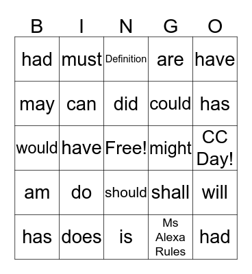 Helping Verbs Bingo Card