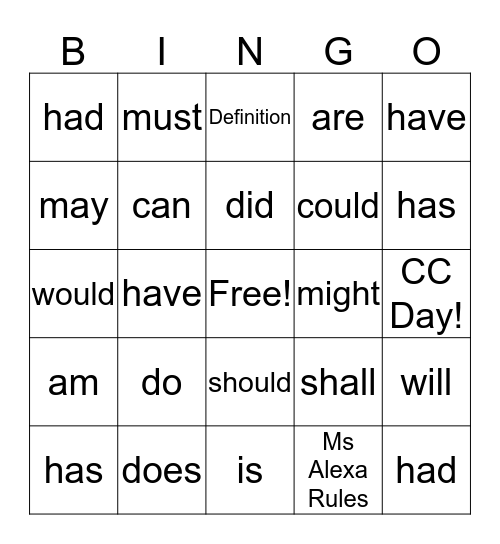 Helping Verbs Bingo Card