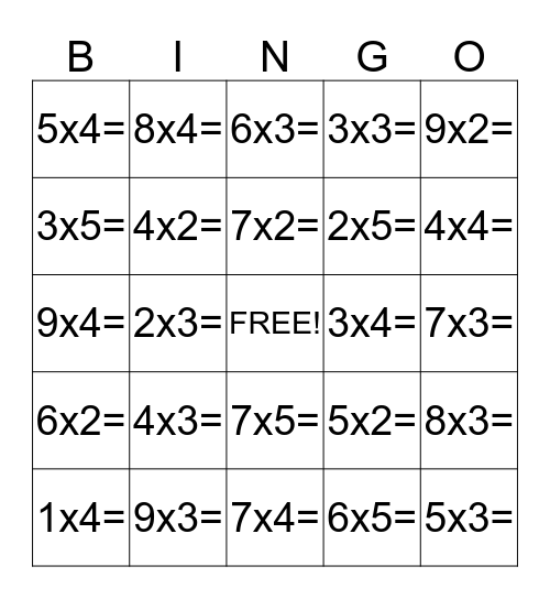 Bingo Multiplication  Bingo Card