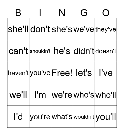 Contraction Bingo Card