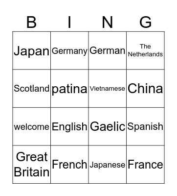 Country, Language and Nationality Bingo Card