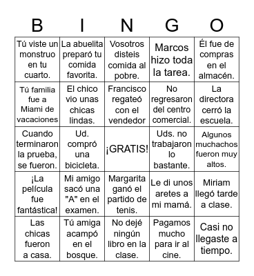 Preterite Bingo Card