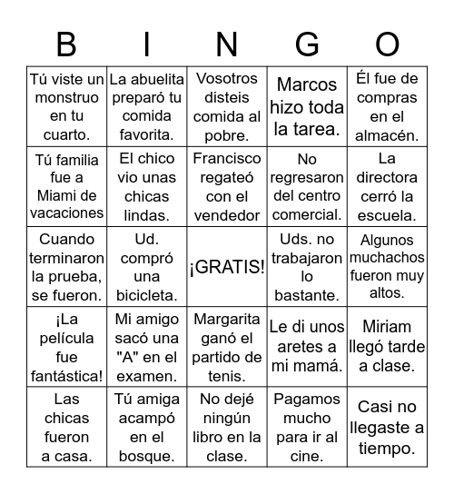 Preterite Bingo Card