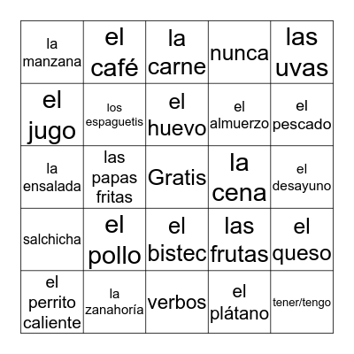 La comida Bingo Card