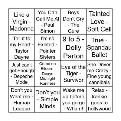 80s Music Bingo Card