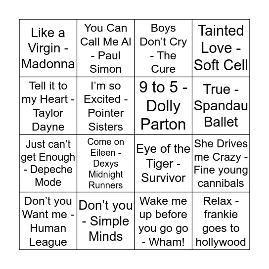80s Music Bingo Card