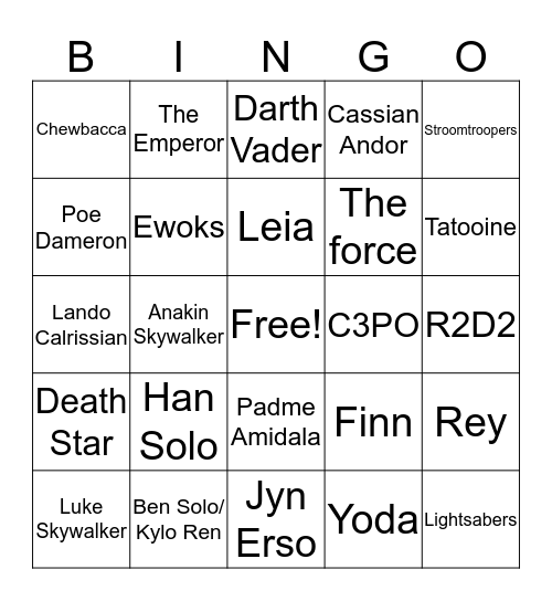 Star Wars Terms Bingo Card