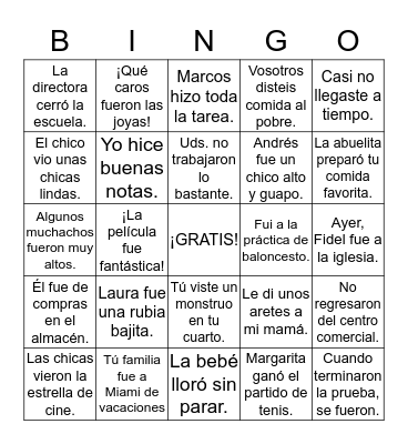 Preterite Bingo Card