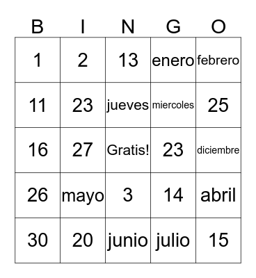 Numbers 1-30 Bingo Card