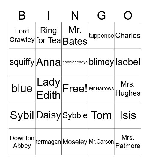 Downton Abbey Bingo Card
