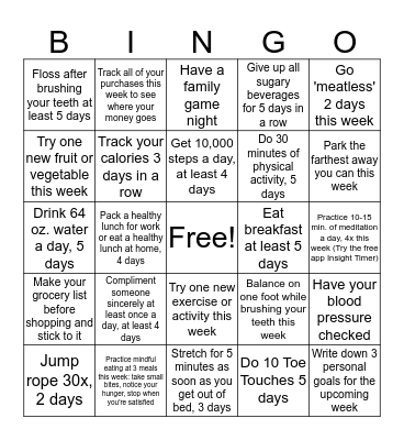 Wellness Bingo Card
