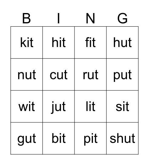 it & ut Word Family Bingo Card