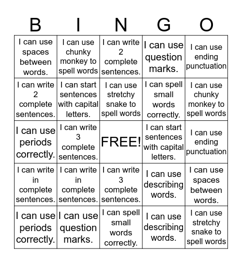 Writing Bingo Card