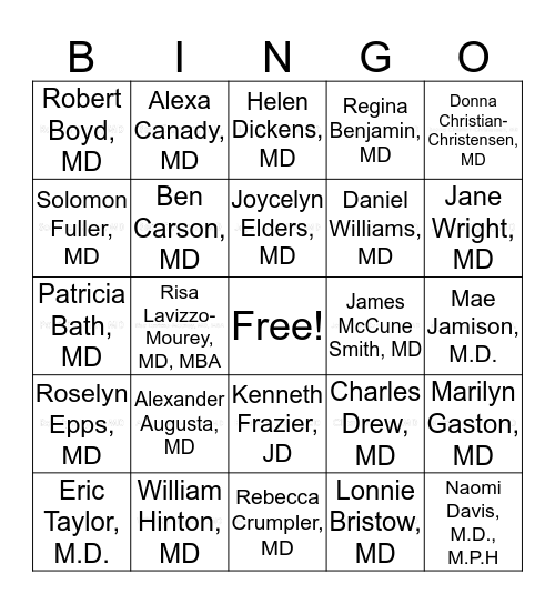 Black History Month Bingo: Doctor Edition Bingo Card