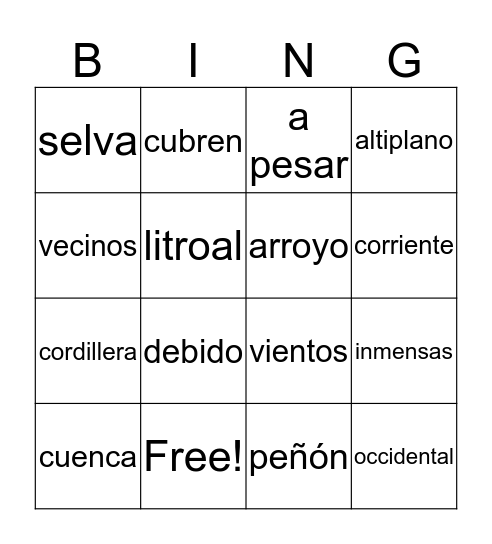 Bingo Vocabulario para La Geografía Bingo Card