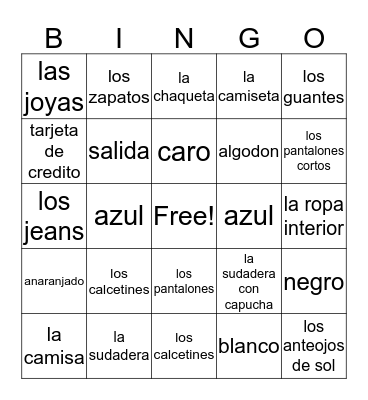 Las compras y la ropa  Bingo Card