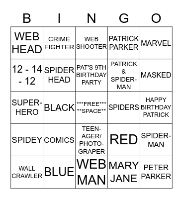 PATRICK'S BINGO GAME, SPIDER-MAN STYLE Bingo Card