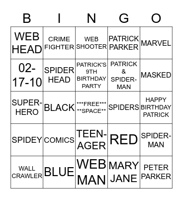 PATRICK'S BINGO GAME, SPIDER-MAN STYLE Bingo Card