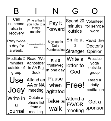 Recovery Bingo Card