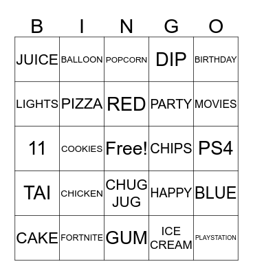 Taiveon's 11Th Birthday Party Bingo Card