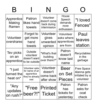 Front of House Bingo Card